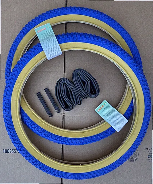 Bicycle Tires + Tubes 20 x 2.125 Blue/Gum Wall BMX GT Dyno Knobby Thread DURO